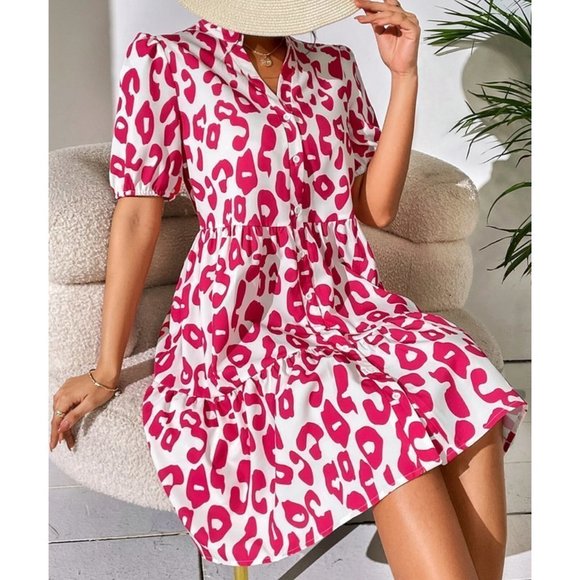 Pink Boho Leopard Print Button Through Puff Sleeve Dress - Picture 3 of 5